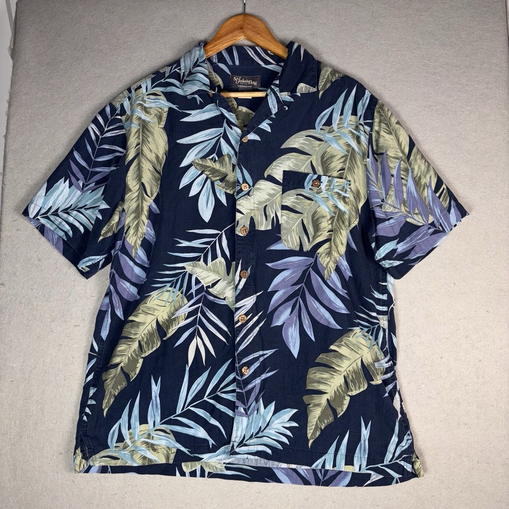 St. John's Bay Silk Hawaiian Shirt Mens Large Blue Fern Aloha Camp Beachwear